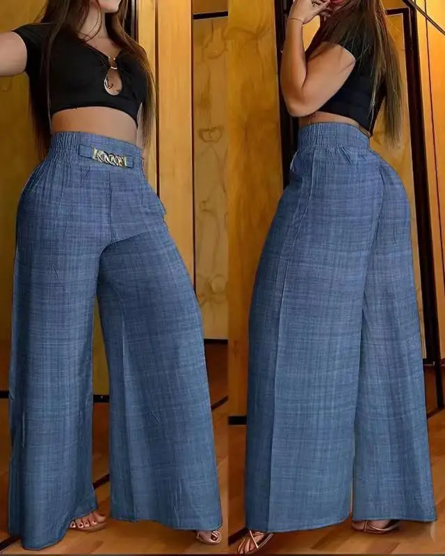 Top Trends: Women Pants 2023 Summer Fashion Chain Decor Casual Plain Pocket High Waist Wide Leg Long Pants For Women Streetwear Trousers Shoppable Styles