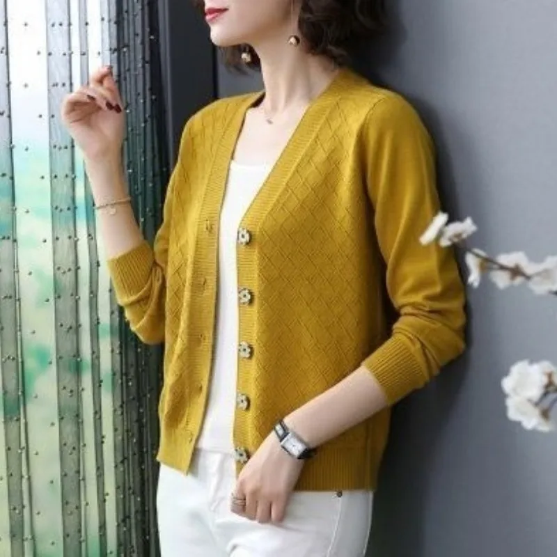 Top Trends: Spring And Autumn Women&#039;s V-neck Solid Button Loose Fit Long Sleeve Sweater Knitted Bottom Cardigan Fashion Elegant Casual Tops Shoppable Styles