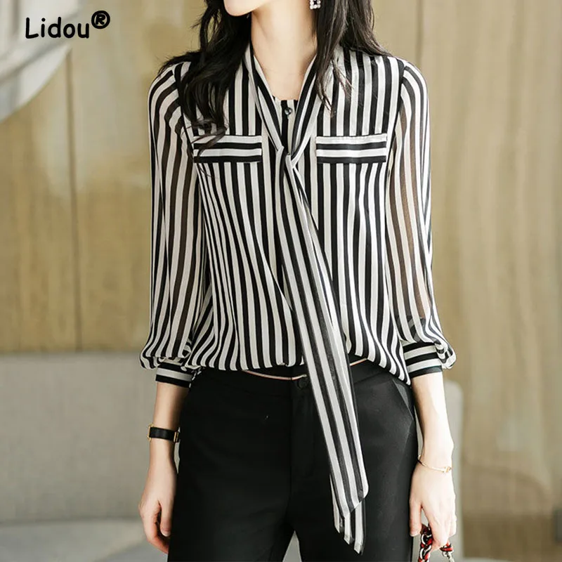 Top Trends: Summer Autumn Elegant Fashion Office Lady Striped Printing Fashion Woman Blouses 2022 Temperament Long Sleeve Shirt T Shirt Wome Shoppable Styles - Image 4