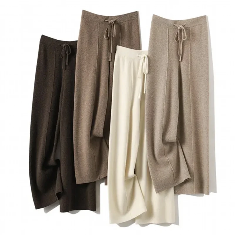 Top Trends: Cashmere Pants Ladies High Waist Wide-leg Pants Casual Knitting 100% Pure Wool Pants Autumn And Winter Elastic Pants Warm Pants Shoppable Styles