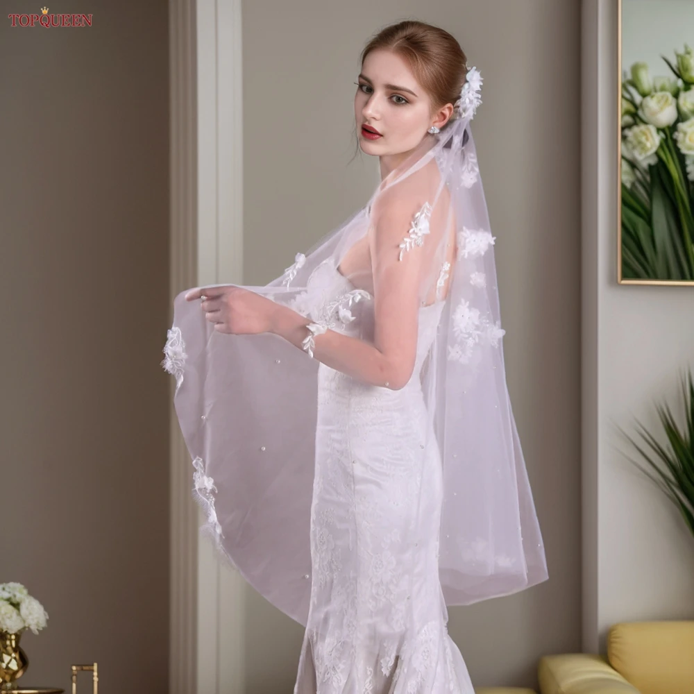 Top Trends: TOPQUEEN V52 3D Flowers Wedding Veil With Pearls Bridal Veils Cathedral Droped Luxury Bridal Veil Veu Long Wedding 3 Meters Shoppable Styles