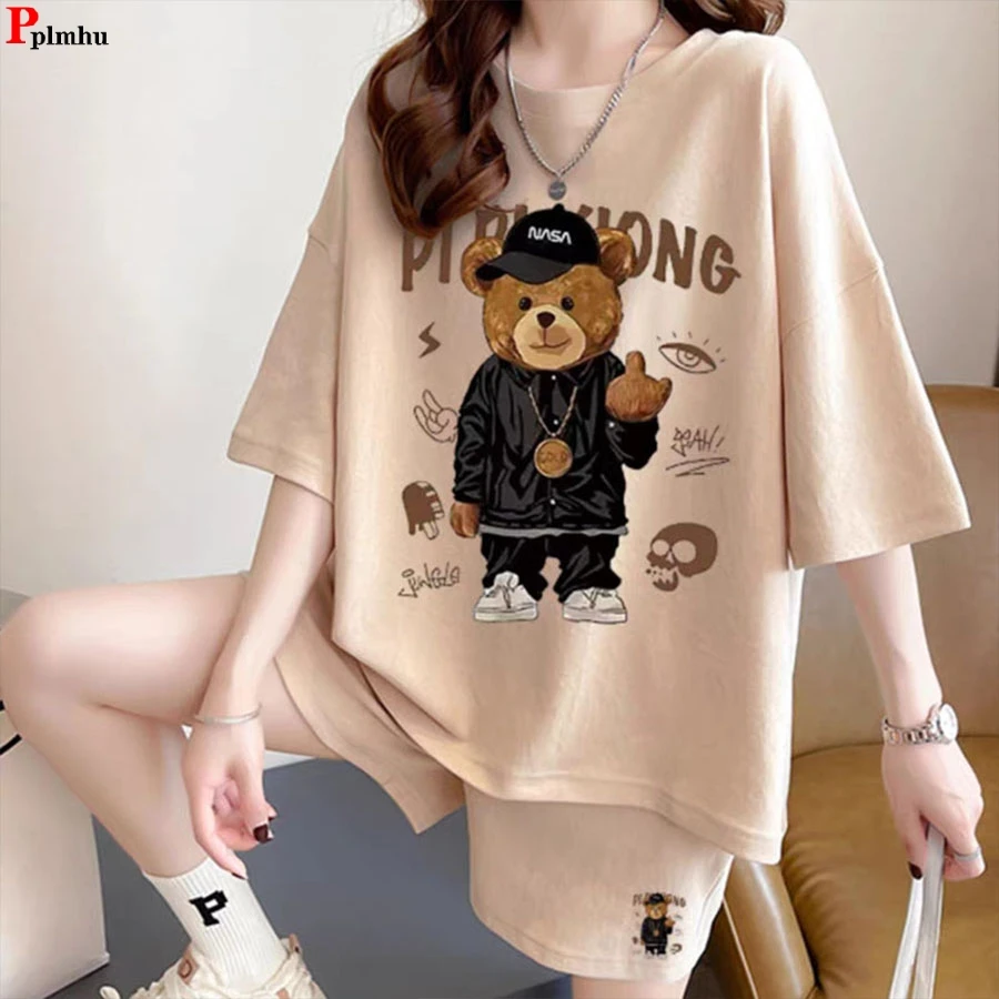 Top Trends: Cartoon Print Summer Casual Shorts 2 Piece Sets Loose Oversize For 145KG Korean Tracksuit Half Sleeve T-shirt+ Short Pants Outfit Shoppable Styles