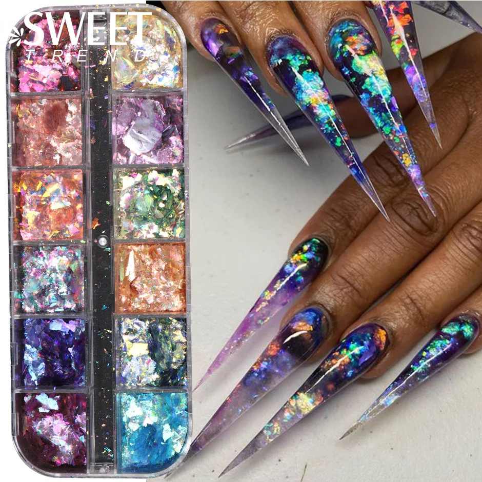 Top Trends: 12 Grids Opal Dream Crystal Sequins Nail Flake Galaxy Iridescent Aurora 3D Paillette For Winter Autumn Manicure Decoration SWYFH Shoppable Styles