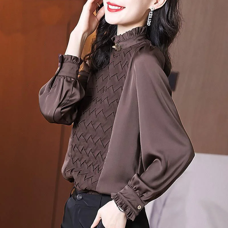 Top Trends: Fashion Stand Collar Solid Color Spliced Ruffles Blouse Women Clothing Casual Pullovers 2022 Autumn New Commute All-match Shirt Shoppable Styles