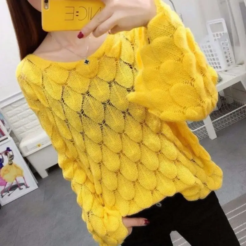 Top Trends: Stylish Solid Color Knitted All-match Hollow Out Blouse Female Clothing 2023 Spring New Oversized Casual Pullovers Korean Shirt Shoppable Styles