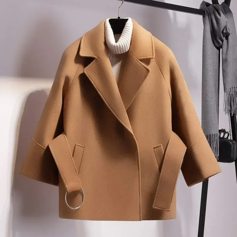 Top Trends: Fashion Casual Ladies Short Coat Solid Color Loose Coat Women&#039;s Khaki Lapel Top 2023 New Women Short Woolen Coat Belt Jacket Shoppable Styles