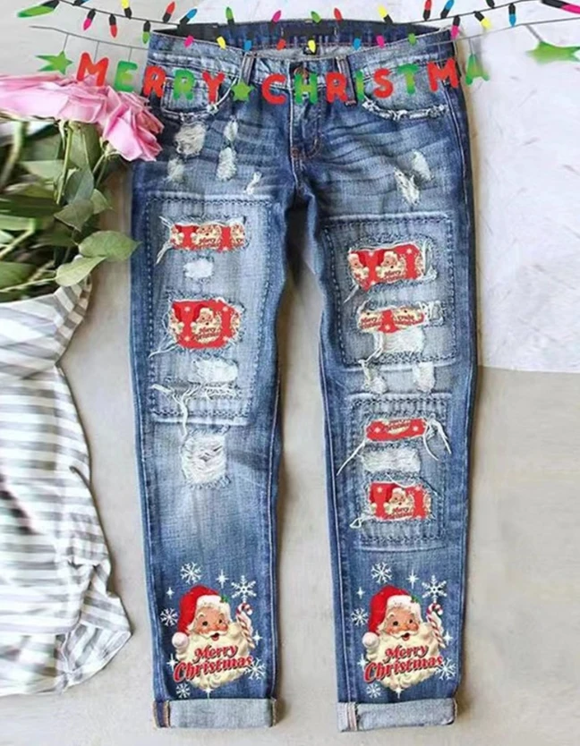 Top Trends: Women's Jeans 2023 Spring Fashion Merry Christmas Snowflake Print Casual Ripped Pocket Design Long Jeans Y2K Streetwear Shoppable Styles