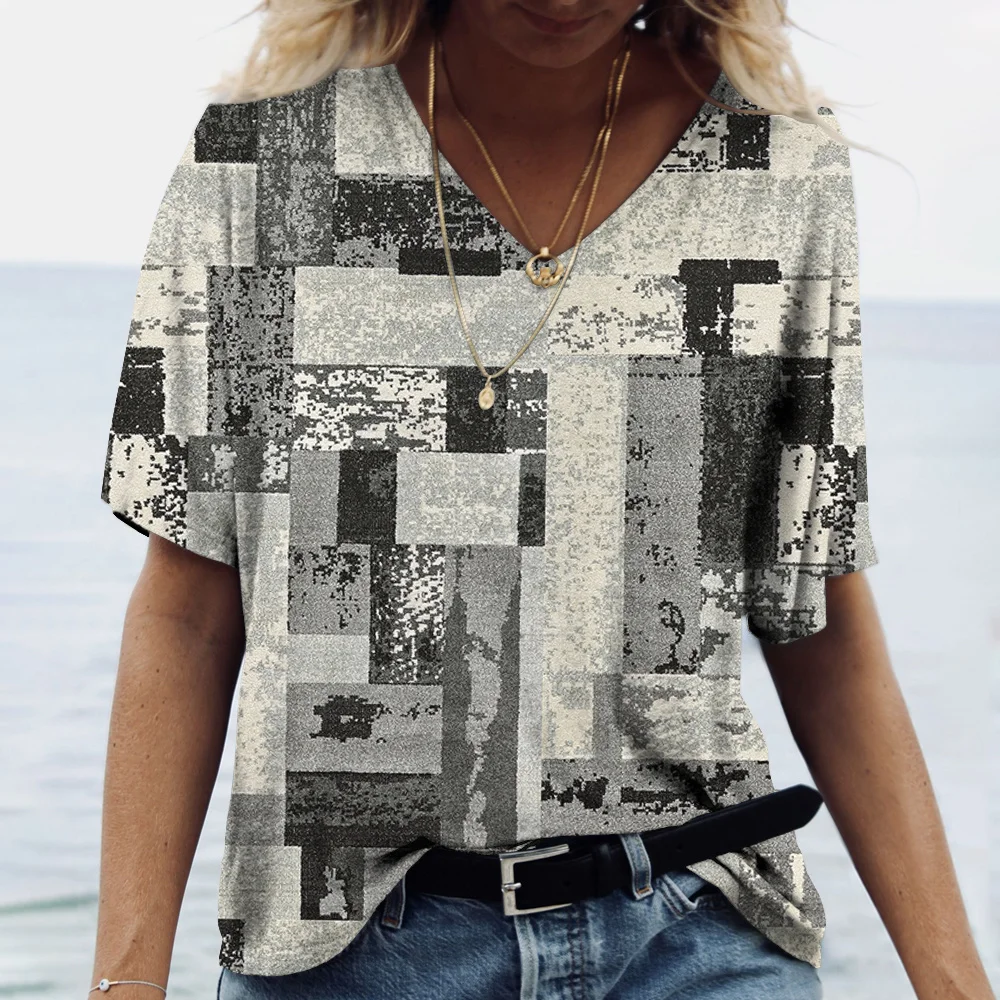 Top Trends: Vintage Plaid Print Women's T-shirt 2023 Hot Blouse Summer V-Neck Casual Short Sleeve Tees Female Oversized Tops Daily Clothing Shoppable Styles