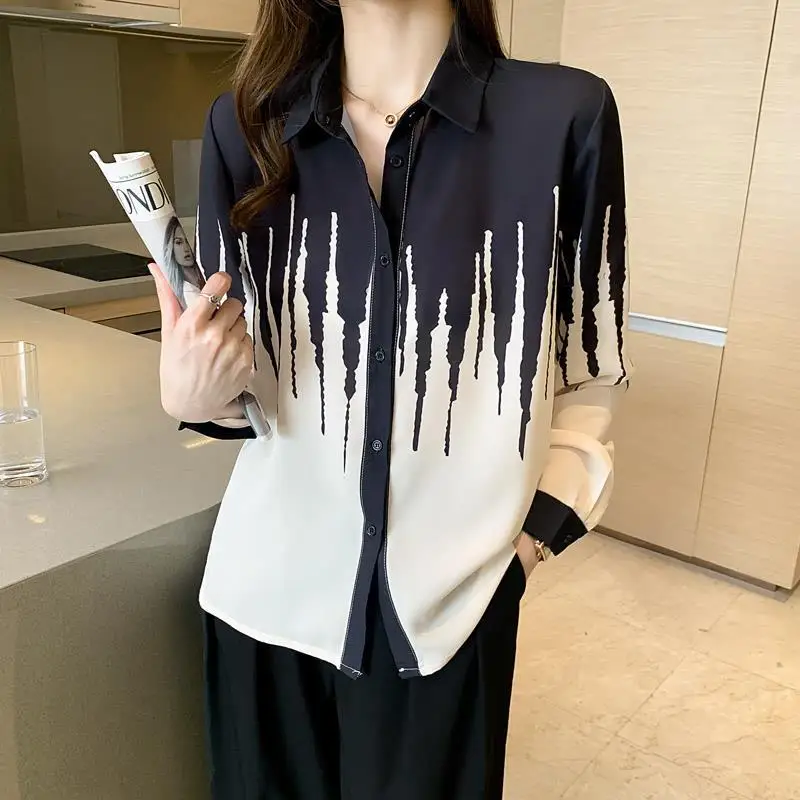 Top Trends: Spring Autumn Korean Clothing Office Lady Chiffon Shirt New Temperament Contrast Color Fashion Elegant Long Sleeve Casual Blouse Shoppable Styles