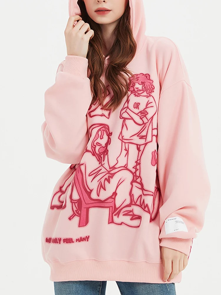 Top Trends: Autumn Pink Cartoon Kawaii Korean Hoodie Harajuku Pullover Female Vintage Casual Loose Sweatshirt Printing Fashion Tops Hooded Shoppable Styles