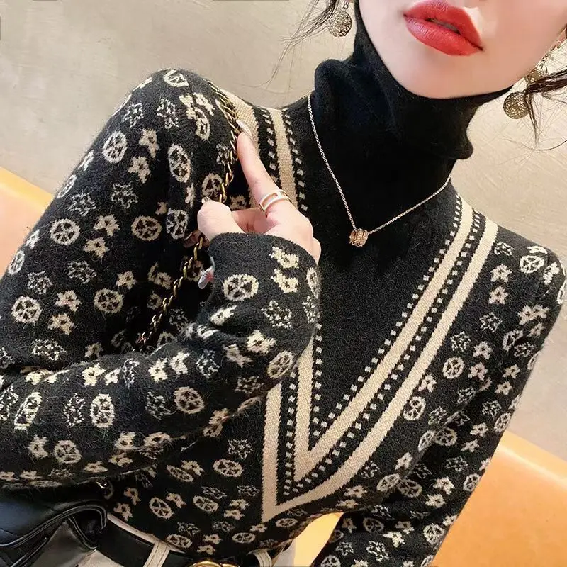 Top Trends: 2023 Autumn And Winter Women&#039;s Pullover Piled Collar Patchwork Printing Slim Checkered Sweater Fashion Casual Long Sleeve Tops Shoppable Styles