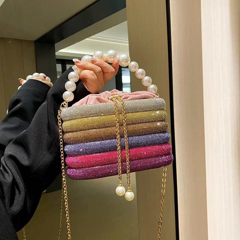 Top Trends: Luxury Diamond Box Bag Handbag Pearls Beaded Handle Evening Clutch Rhinestone Shoulder Crossbody Bag Candy Color Drawstring Bag Shoppable Styles