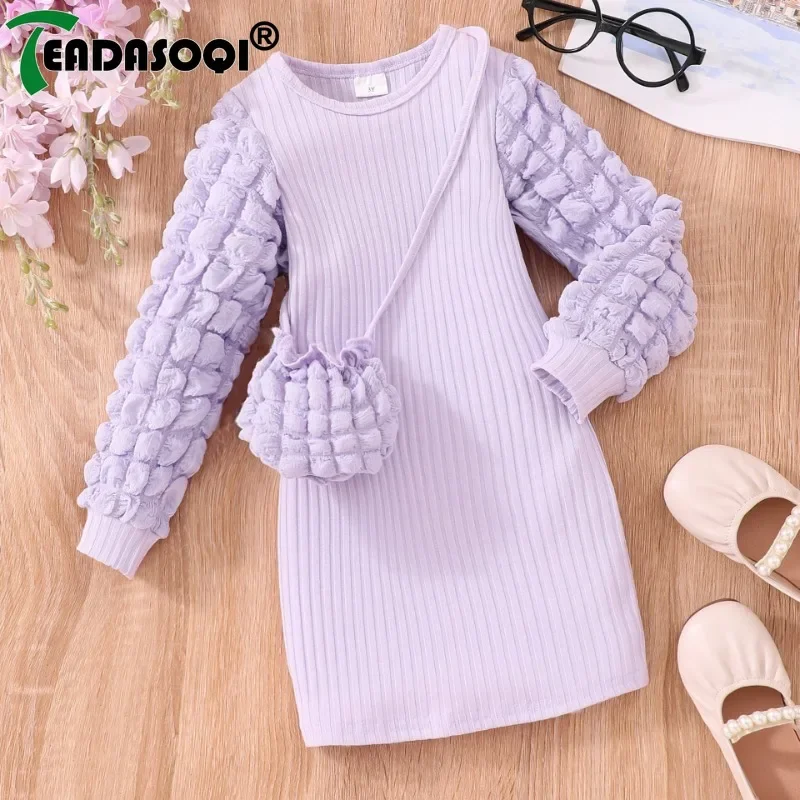 Top Trends: 3-7Y Children Autumn Winter Long Sleeve Puffy Bubble Sleeve Pit With Bag Solid Color Baby Dress Set For Kids Girls Clothing Shoppable Styles