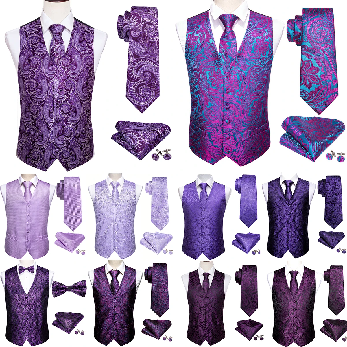 Top Trends: Barry Wang Silk Mens Vest Dress Purple Paisley Solid Slim Waistcoat Suit Tie Hanky Cufflinks Formal Business Sleeveless Jacket Shoppable Styles