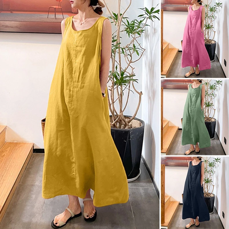 Top Trends: Loose Dress Cotton Linen Pocket Round Neck Sleeveless Dress Women Summer Vintage Vestido Feminino Long Shoppable Styles