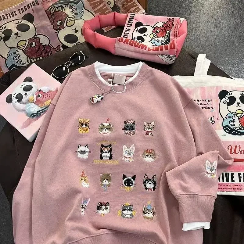 Top Trends: Japanese Cute Cat Pattern Embroidery Fake Two-piece Sweatshirt For Men And Women In Autumn Design College Style Couple Jacket Shoppable Styles