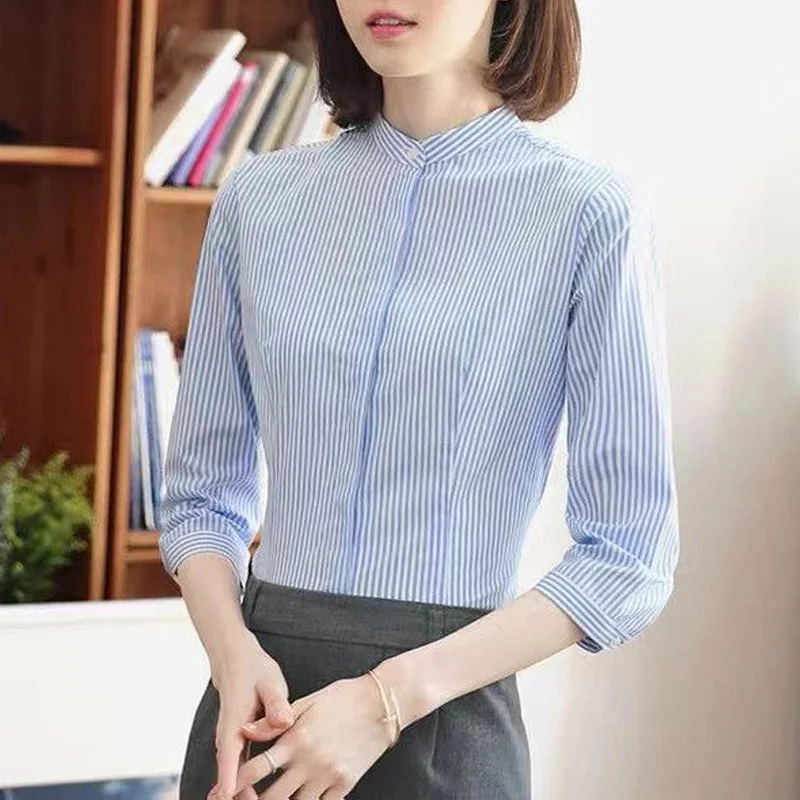 Top Trends: 2023 New Spring And Autumn Commuter Simple Striped Standing Collar Anti Glare Snap Three Quarter And Long Sleeve Women&#039;s Shirt Shoppable Styles