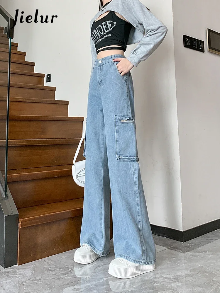 Top Trends: Jielur Retro American Autumn Loose Women Jeans Light Blue High Waist Casual Woman Jeans Fashion Street Basic Straight Leg Pants Shoppable Styles