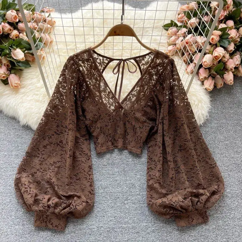 Top Trends: Autumn Black / White / Brown Sexy Lace Blouse Women Elegant V-Neck Puff Long Sleeve Open Back Short Tops Female Party Blusas 2023 Shoppable Styles