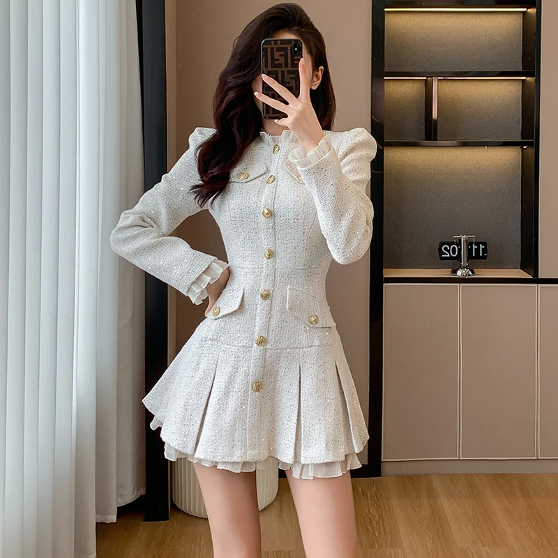 Top Trends: New Women&#039;s Tweed Pleated Mini Dress Autumn Long Sleeve Korean Style Single Breasted Ruffle Fashion Office Lady Vintage Dresses Shoppable Styles