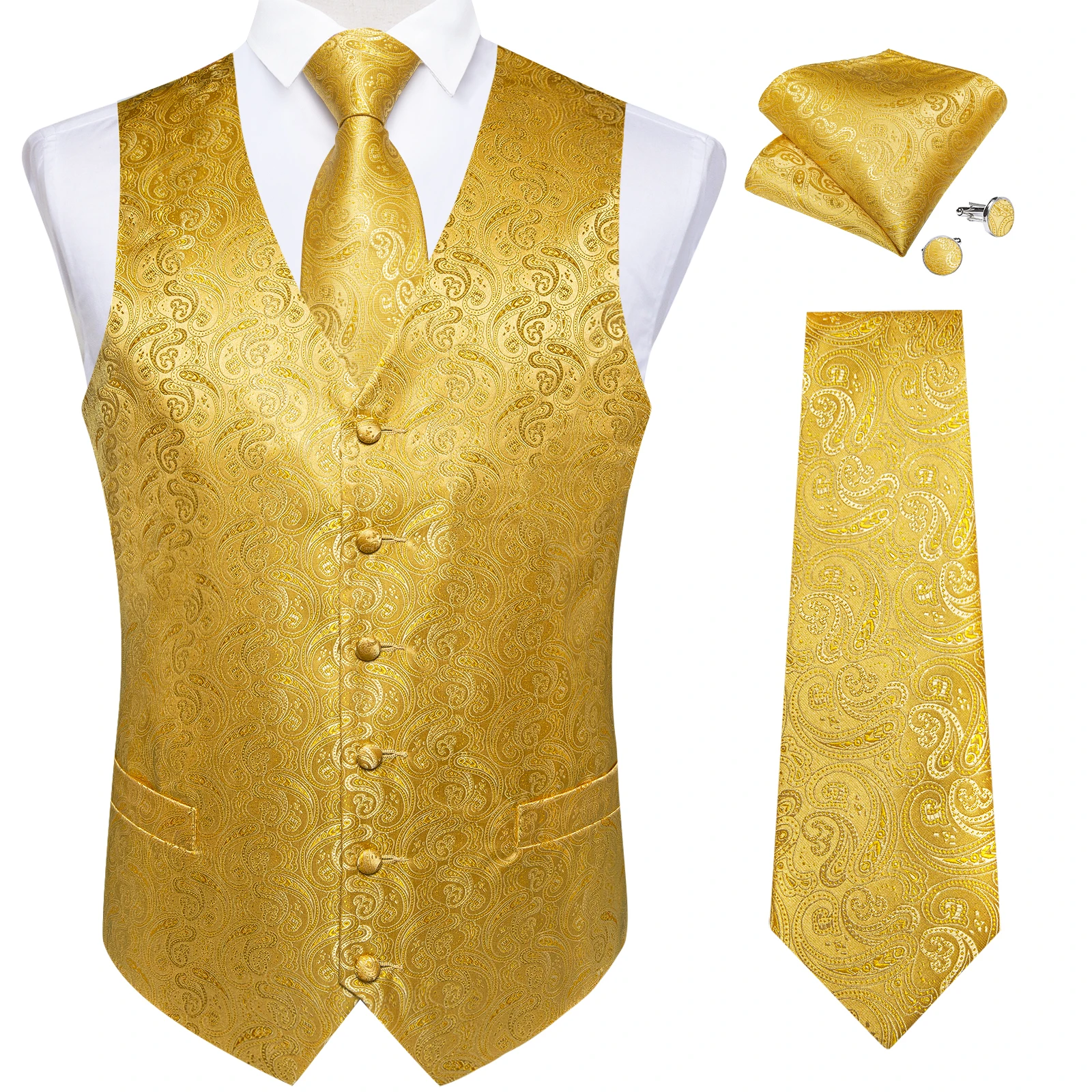 Top Trends: Luxury Paisley Gold Vest For Man Formal Yellow Solid Men&#039;s Waistcoat Silk Necktie Pocket Square Wedding Business Chaleco Hombre Shoppable Styles