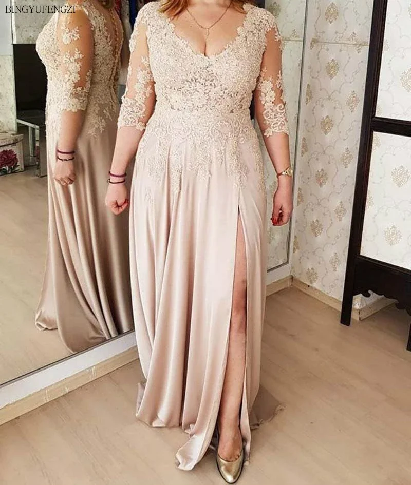 Top Trends: Plus Size 2023 Mother Of The Bride Dresses A-line V-neck 3 / 4 Sleeves Chiffon Appliques Long Groom Mother Dresses For Weddings Shoppable Styles