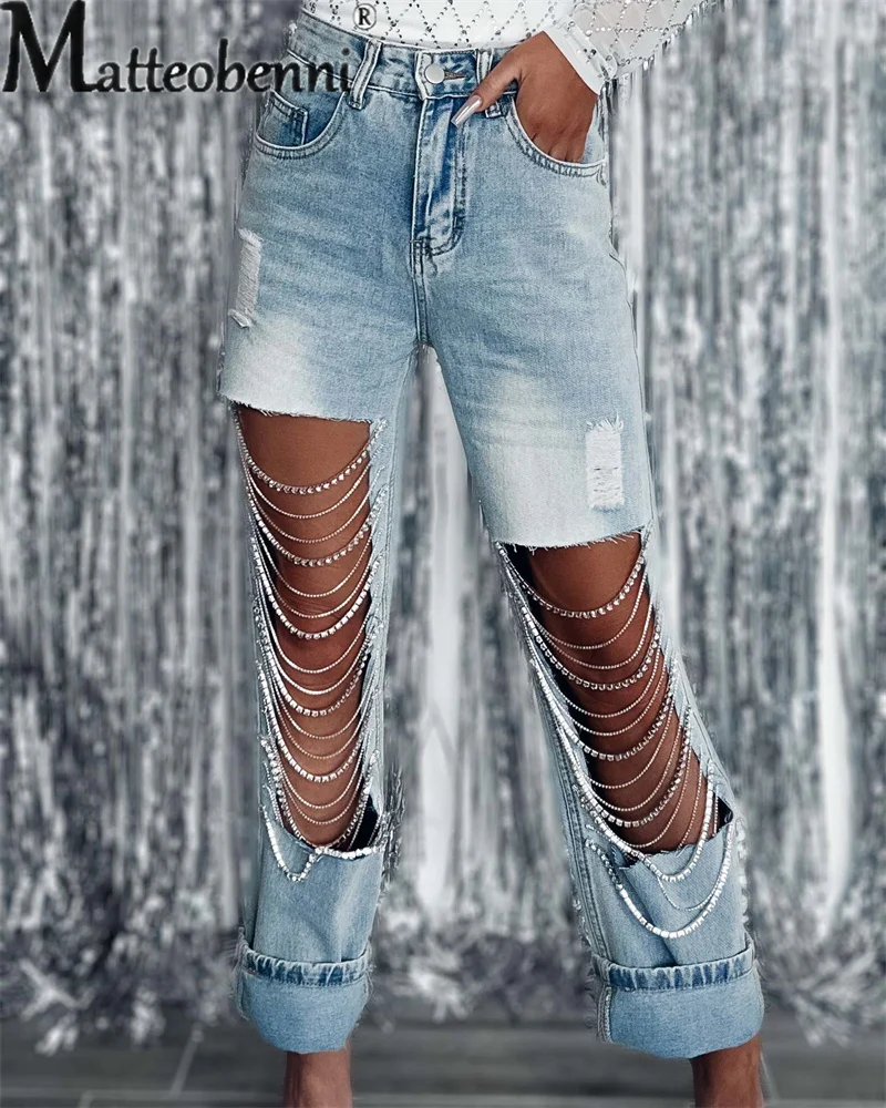 Top Trends: Fashion Hollow Out Chain Decoration Straight Jeans Female Trend Casual Streetwear Women&#039;s Mid Waist Button Splicing Denim Pants Shoppable Styles