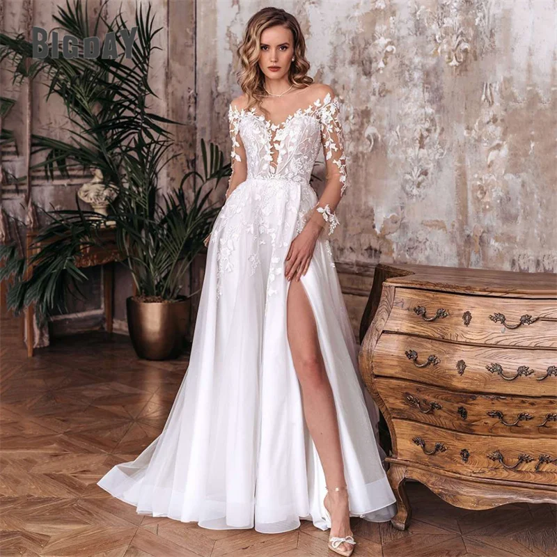 Top Trends: Elegant A-Line Wedding Dress Women Open Back V-Neck Lace Long Sleeve Side Split Tulle Bridal Gown Sweep Train Vestidos De Noiva Shoppable Styles