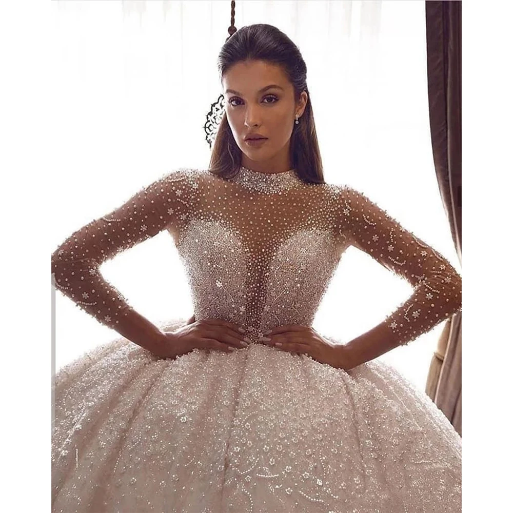 Top Trends: Luxury Illusion Long Sleeves Wedding Dresses Crystal Pearls Beaded 2023 High Neck Lace Appliques Bridal Gowns Vestido De Novia Shoppable Styles