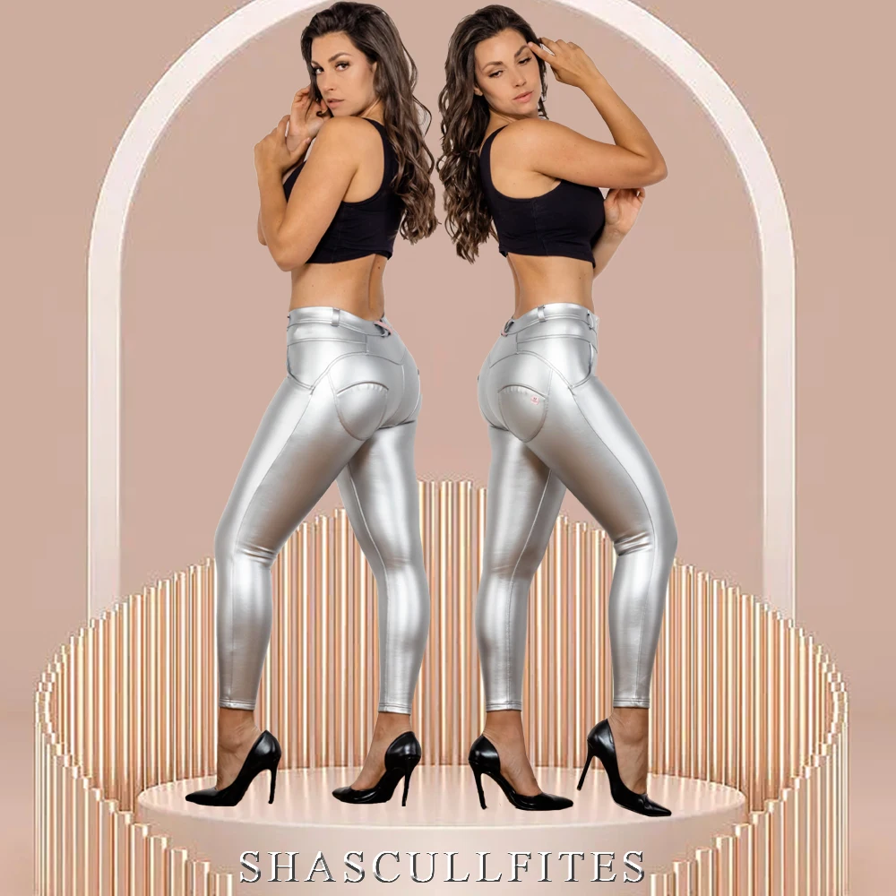 Top Trends: Shascullfites Butt Lift Pants Skinny Leather Shiny Silver Coated Metallic High Stretchy Fitness Slim Pants Nightclub Stage Shoppable Styles