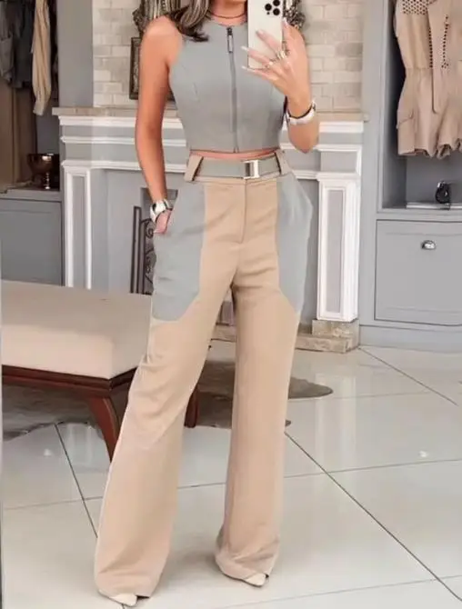 Top Trends: Two Piece Sets Womens Outifits 2023 Summer Fashion Sexy Backless Round Neck Sleeveless Crop Top &amp; Casual Pocket Design Pants Set Shoppable Styles