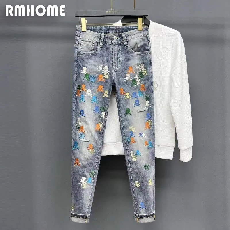 Top Trends: Jeans Men's Pants Skull Head Embroidery Design Small Foot Slim Blue Jeans Hip-hop Streetwear Fashionable Brand Casual Trousers Shoppable Styles