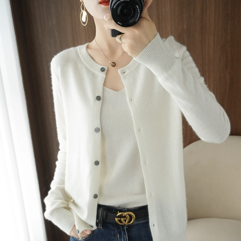 Top Trends: 2023 Spring New 100 Pure Wool Cardigan Coat Female Knitted Leggings Crewneck Outside A Thin Cashmere Sweater Shoppable Styles