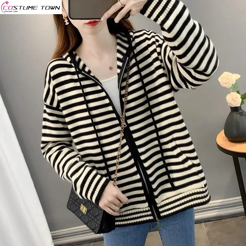 Top Trends: Hooded Striped Zippered Knitted Cardigan 2023 New Korean Version Of Spring And Autumn Casual Fashion Versatile Women&#039;s Coat Top Shoppable Styles