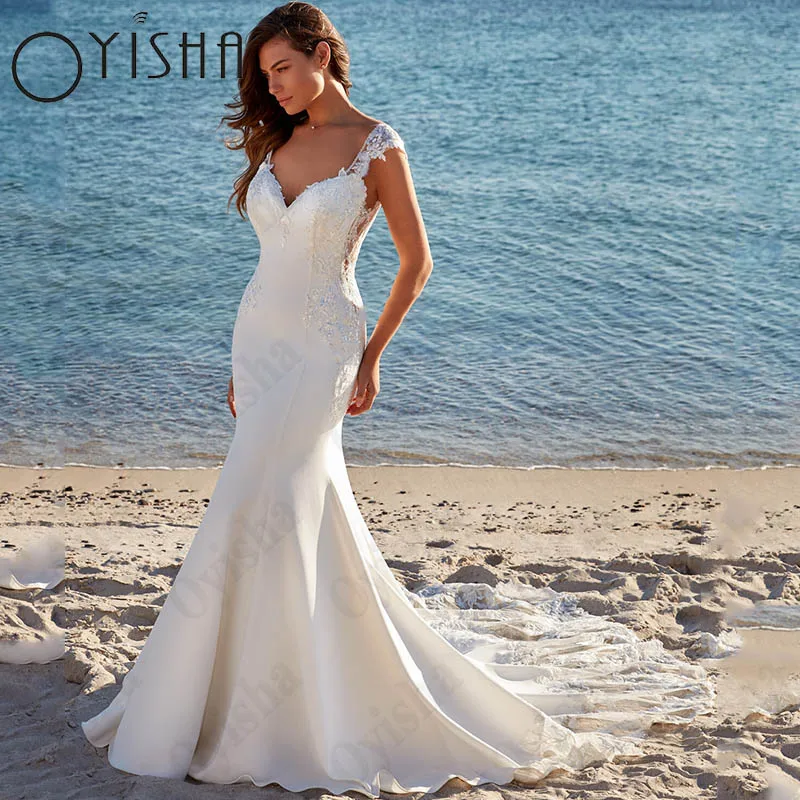 Top Trends: Oyisha Boho V-Neck Appliques Bridal Gowns Cap Sleeve Appliques Wedding Dress Backless Satin Mermaid Vestido De Novia Custom Made Shoppable Styles