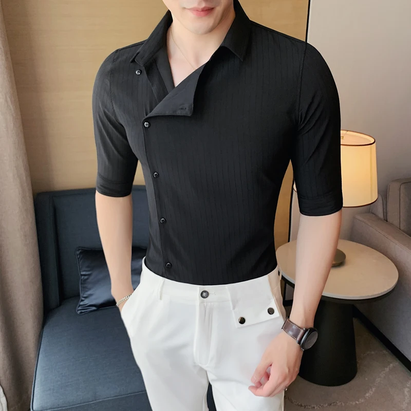 Top Trends: 2022 Summer Vintage Shirt Men Half Sleebe Slim Social Party Tuxedo Blouse Business Casual Men Clothing Chemise Homme S-3XL Shoppable Styles