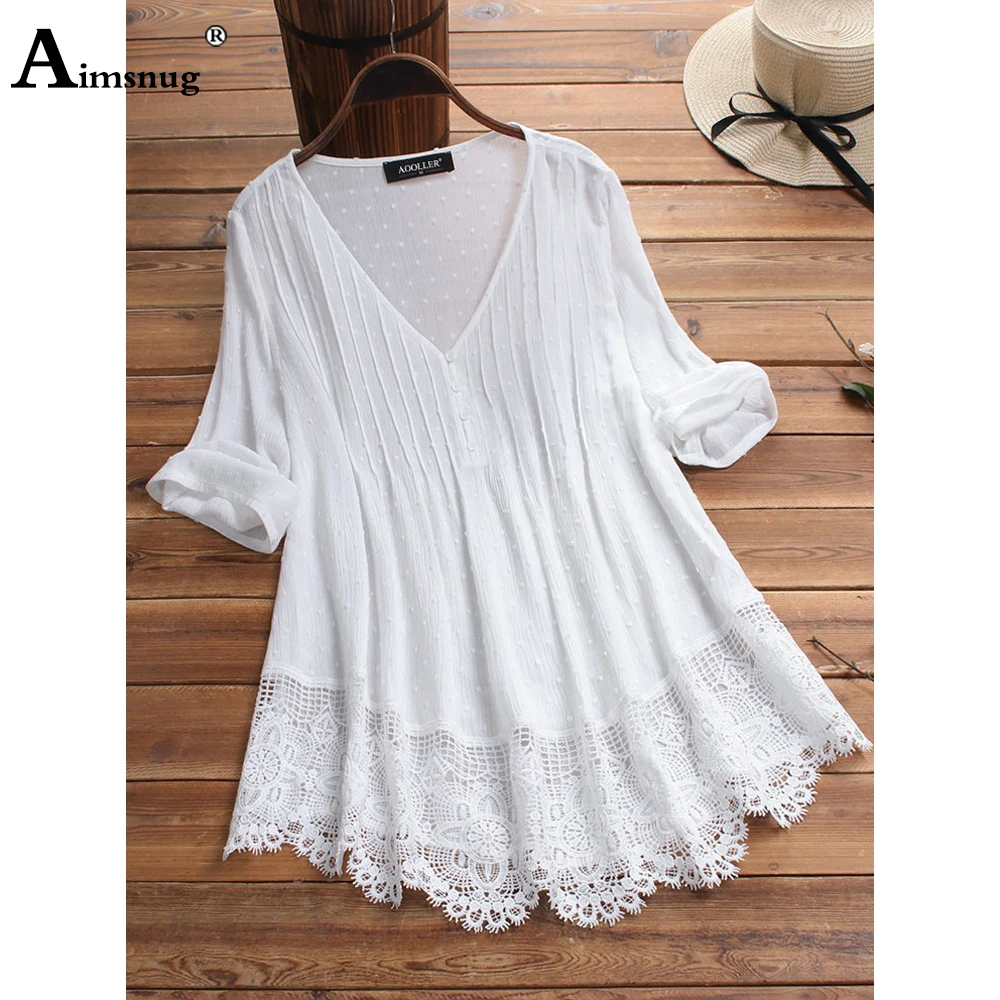 Top Trends: Plus Size 5xl Ladies Elegant Vintage Lace Blouse Three Quarter Sleeve Women's Top Pullovers 2022 Summer Loose Shirts Clothing Shoppable Styles