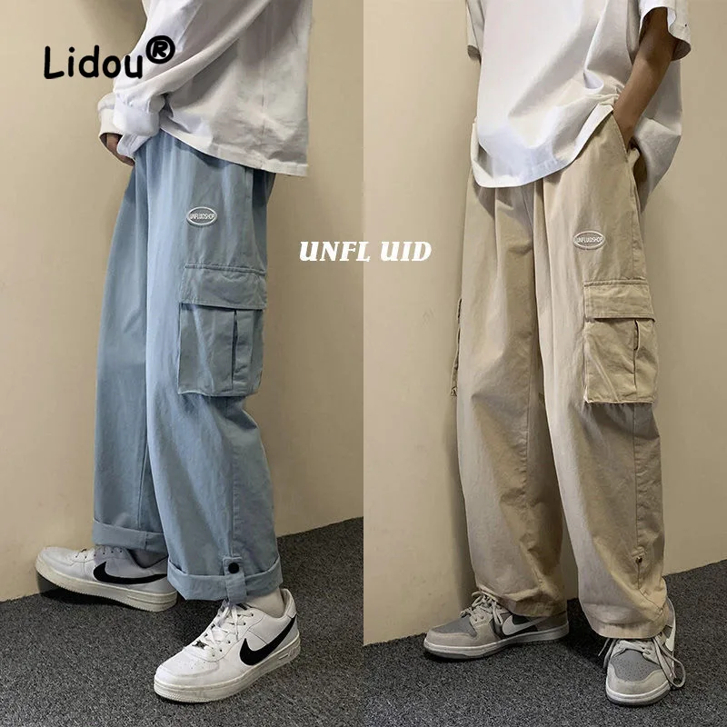 Top Trends: Solid Color Multiple Pockets Cargo Pants Classic Straight Cylinder Loose Broad Leg Waist Drawcord Street Casual Male Trousers Shoppable Styles