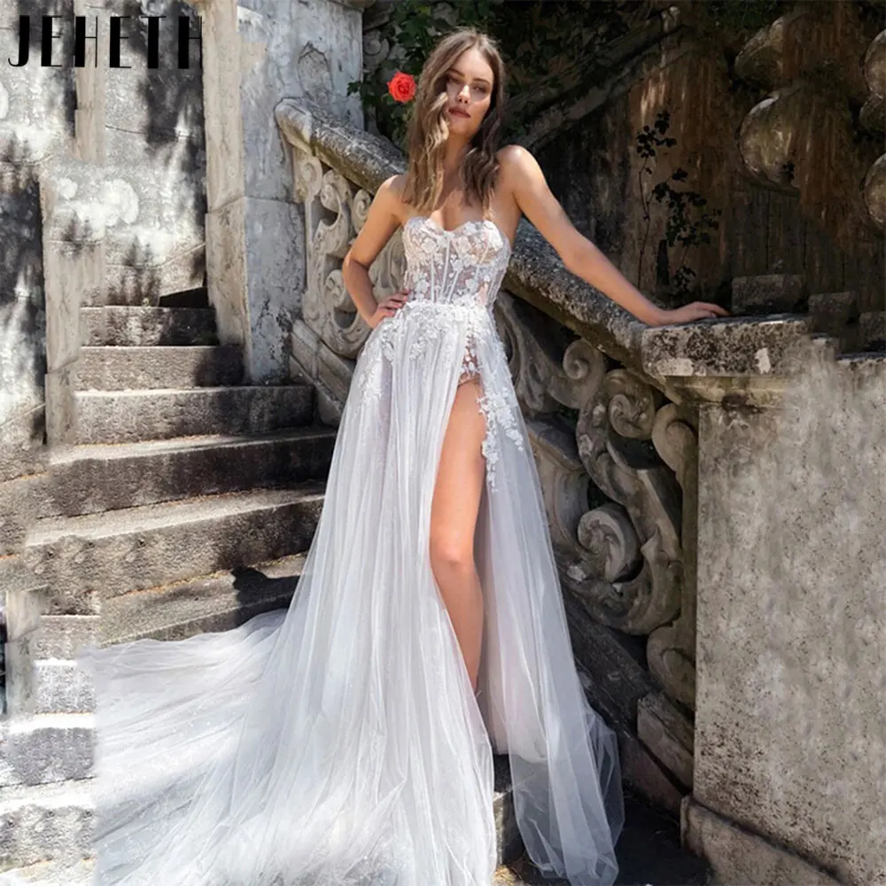 Top Trends: JEHETH Bohemian Lace Appliques Wedding Dress Sweetheart A-Line Sleeveless Bridal Gowns Backless Side Slit Vestidos De Novia 2024 Shoppable Styles