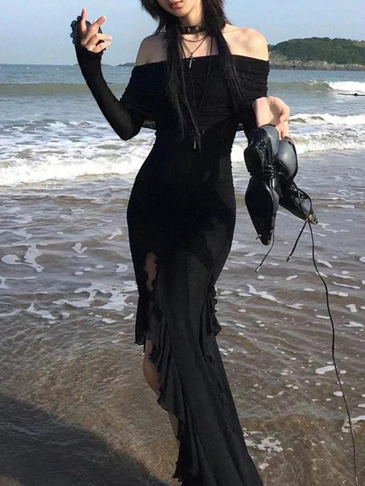 Top Trends: IAMSURE Elegant Fashion Dark Ruffles Split Long Dress Gothic Slash Neck Long Sleeve Maxi Dresses For Women 2023 Holiday Beach Shoppable Styles - Image 2