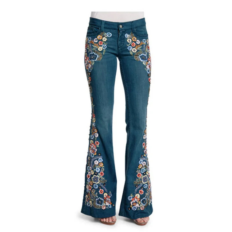 Top Trends: Elegant Embroidered Flowers Micro Flared Jeans Women's Intelligent Style Mid Waist Button Splicing Denim Pants Washable Trousers Shoppable Styles - Image 6