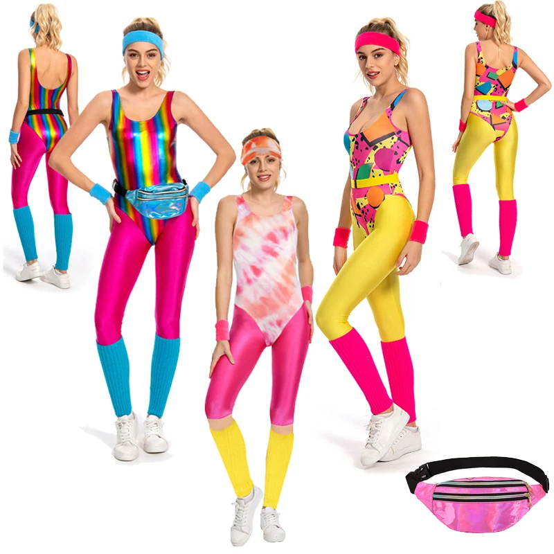 Top Trends: 6Pcs / Set Retro 80s 90s Legging Cosplay Women Costume Colorful Glossy Printed Sportwear Headband Set Halloween Carnival Suit Shoppable Styles