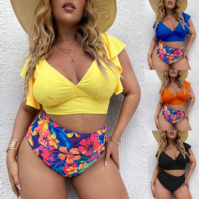 Top Trends: Plus Size Bikini High Waist Ruffle Bikini Set Sexy Flounce Bikini Swimwear Women Two Pieces Swimsuit Floral Beachwear V-neck Bat Shoppable Styles