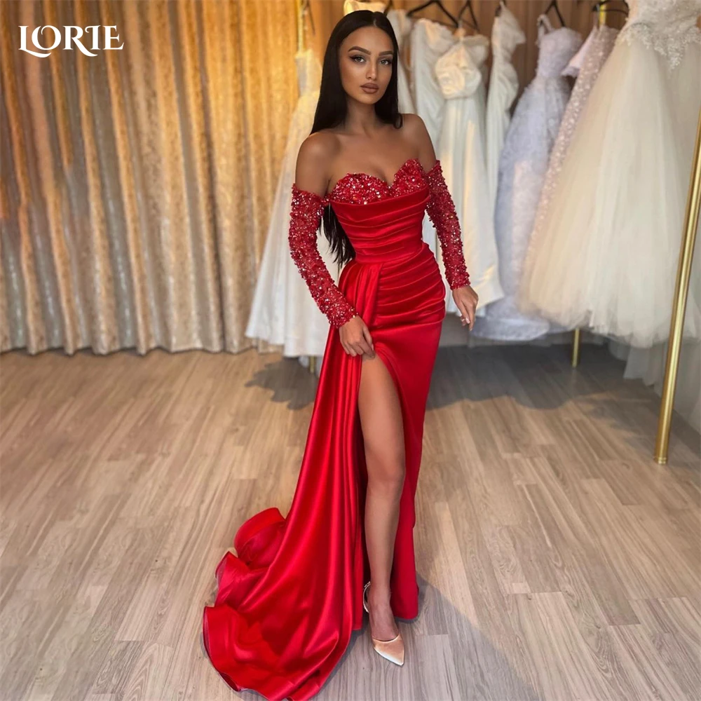 Top Trends: LORIE Elegant Red Glitter Mermaid Evening Dresses Off Shoulder Sparkly High Side Slit Prom Dress Arabia Dubai Pleat Party Gowns Shoppable Styles