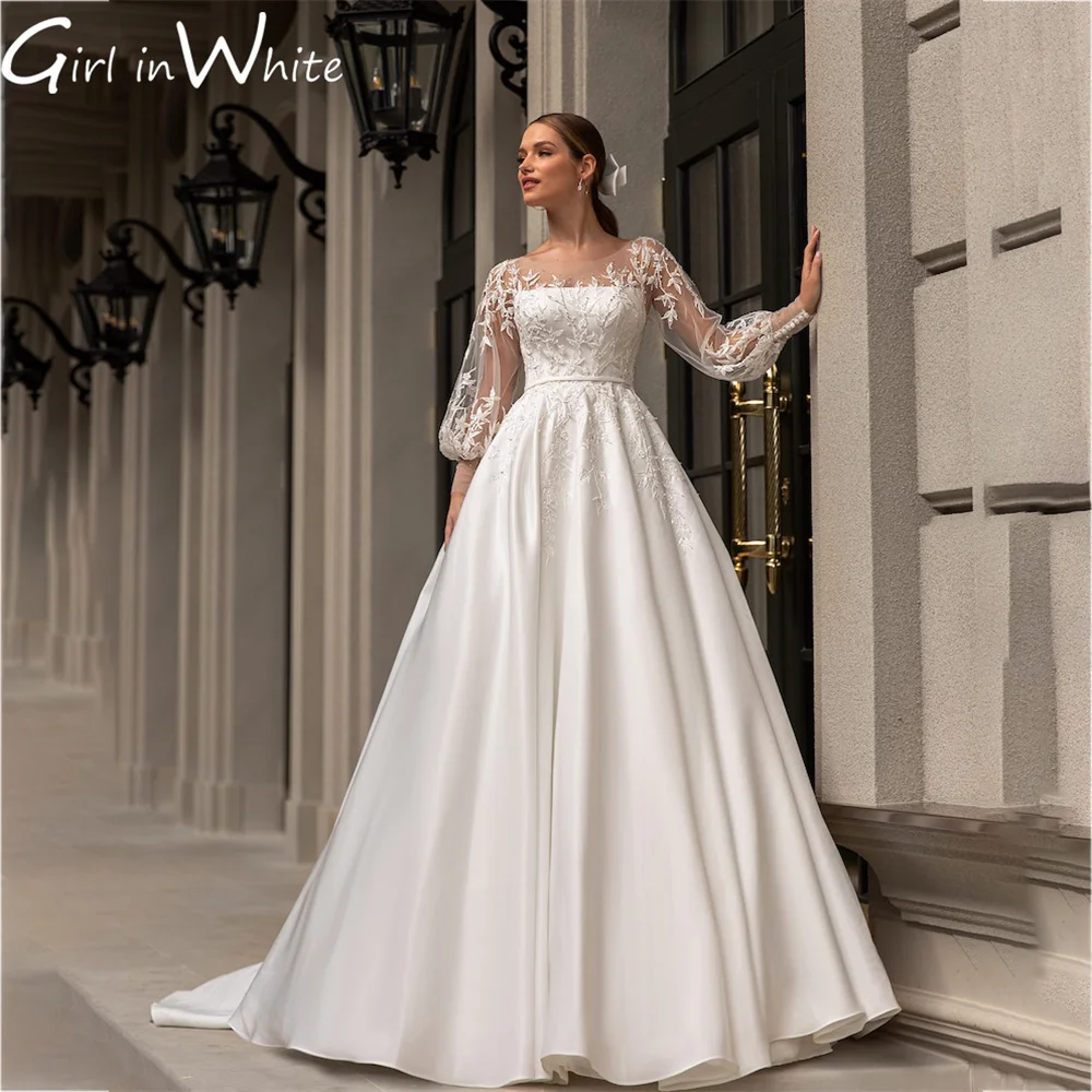 Top Trends: Princess Ivory Satin Wedding Dress A Line Long Sleeves Wedding Gowns Lace Appliques Button Back Bridal Gown Vestidos De Novia Shoppable Styles