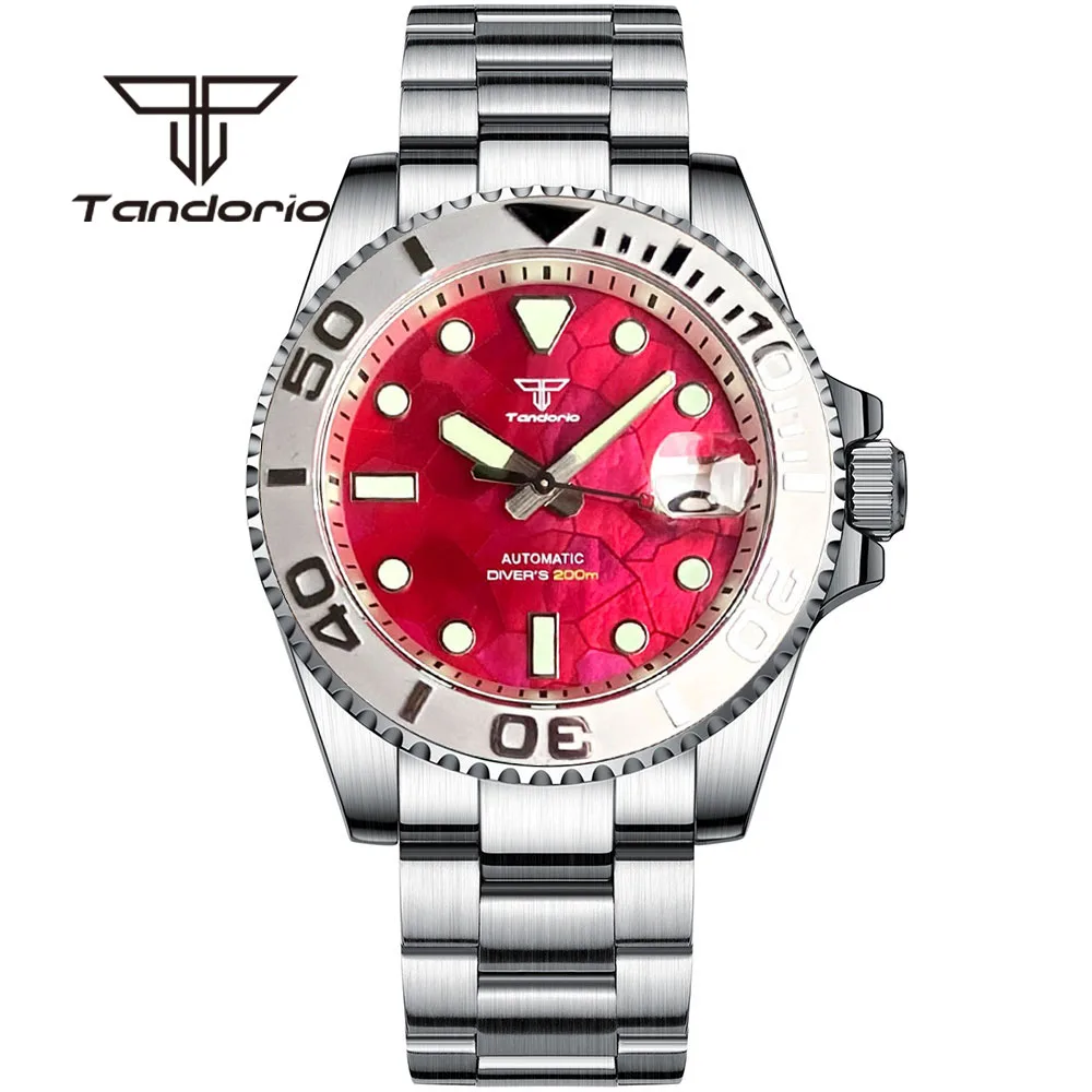 Top Trends: Tandorio NH35A Fashion Red Mother Of Pearl Dial Luminous 40mm 20Bar Men's Automatic Dive Watch 120-Click Bezel Sapphire Crystal Shoppable Styles