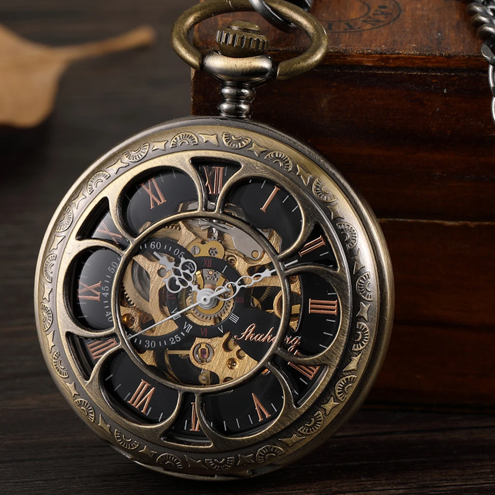 Top Trends: Bronze Hollow Antique Mechanical Pocket Watch For Men Engrave Roman Numerals Skeleton Dia Steampunk Hand-wind Gift Box Shoppable Styles