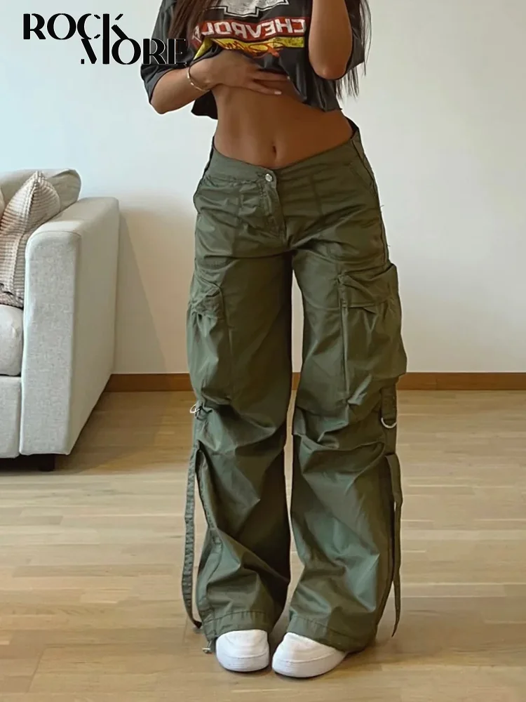 Top Trends: Rockmore Cargos Style Parachute Pants Low Waist Women Joggers Harajuku Pockets Baggy Wide Leg Trousers Y2k Streetwear Casual Shoppable Styles