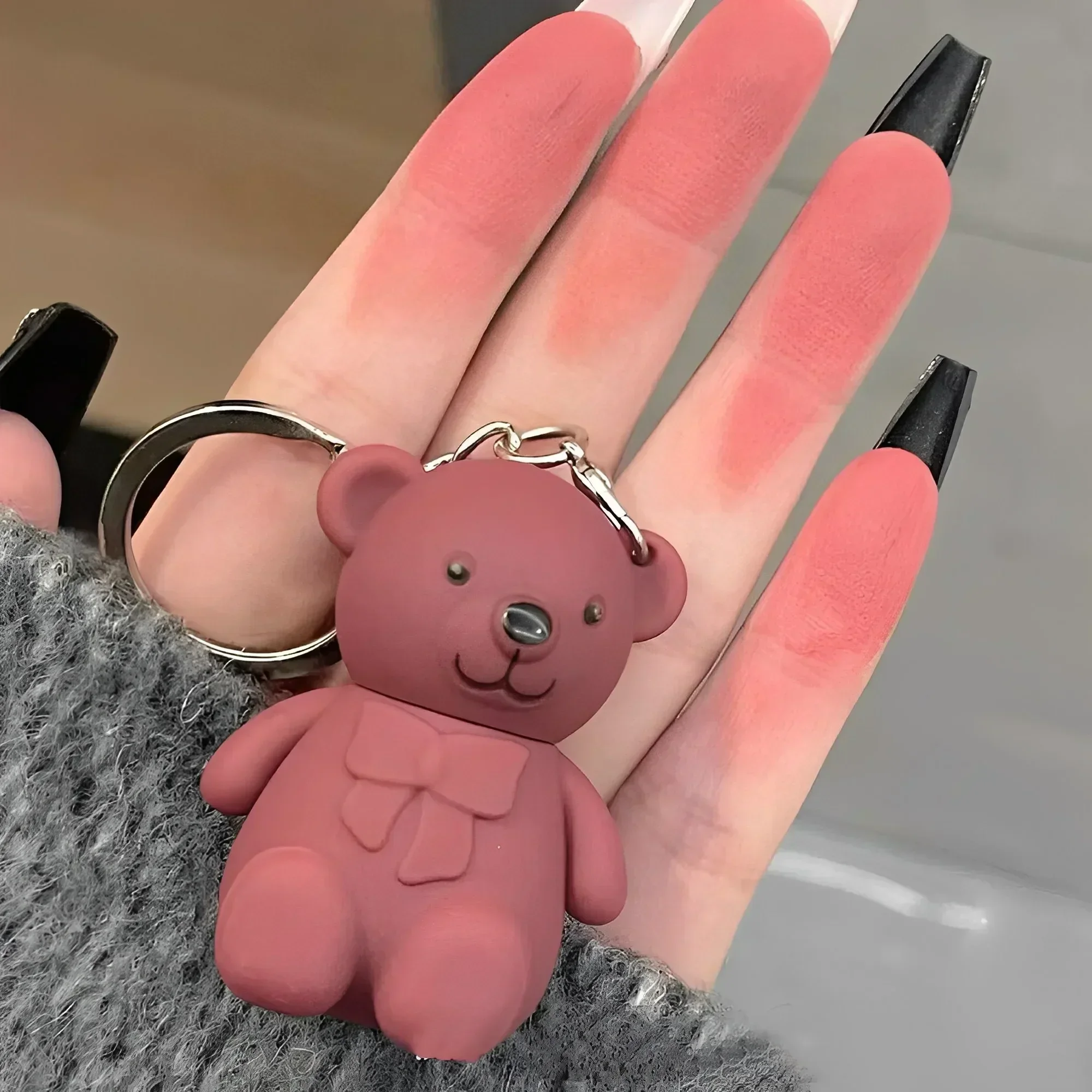 Top Trends: Cute Bear Keychain Lip Mud Matte Velvet Mousse Grey Pink Lipstick Waterproof Long Lasting Non-Stick Cup LipGloss Korean Cosmetic Shoppable Styles - Image 3