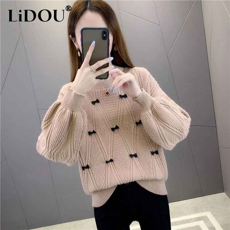 Top Trends: Autumn Winter New Solid Color Fashion Long Sleeve Sweater Women High Street Casual Loose Bow Jacquard Weave All-match Chic Tops Shoppable Styles